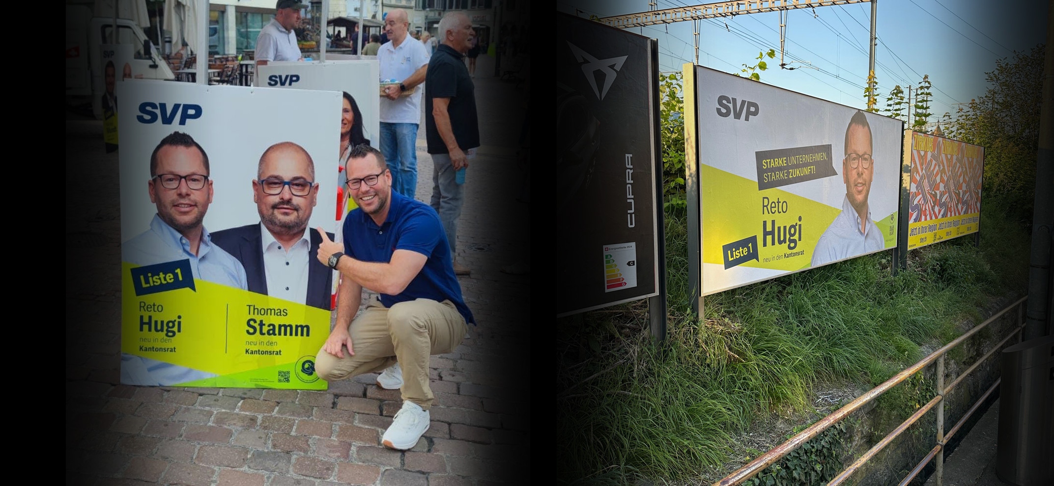 Reto Hugi im Wahlkampf 2024 mit Wahlplakaten der SVP